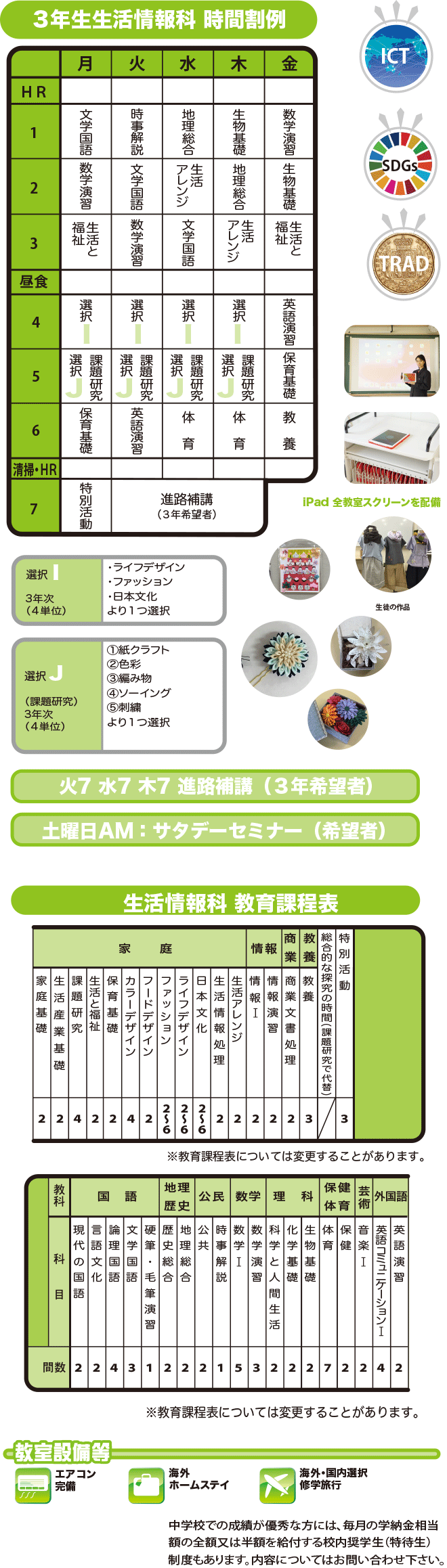 生活情報科 3年生生活情報科時間割例、生活情報科教育課程表、教室設備等